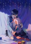  1boy 1girl black_hair book boots closed_eyes crying darling_in_the_franxx eyebrows_visible_through_hair hand_on_another&#039;s_shoulder head_on_chest highres hiro_(darling_in_the_franxx) holding holding_arm holding_book horns kneeling long_hair open_mouth red_skin silver_hair socks spoilers stuffed_animal stuffed_bunny stuffed_toy tamomoko tears teddy_bear toy uniform zero_two_(darling_in_the_franxx) 