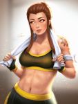  1girl arm_tattoo breasts brigitte_(overwatch) brown_eyes brown_hair cleavage fingerless_gloves freckles gloves medium_breasts navel overwatch ponytail smile solo sports_bra stomach sweat tattoo toned towel umigraphics upper_body 