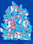  :d ^_^ absurdres blue blue_background blue_skin closed_eyes closed_mouth covering_mouth creature gen_3_pokemon highres lying mudkip no_humans odd_one_out on_stomach open_mouth outstretched_arms pink_skin pokemon pokemon_(creature) signature simple_background smile standing techranova too_many watermark web_address 