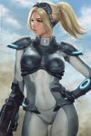  1girl 2018 artist_name blonde_hair blue_sky bodysuit boobplate breasts clouds commentary covered_navel cowboy_shot english_commentary floating_hair goggles goggles_on_head green_eyes grey_bodysuit gun hand_on_hip highres holding holding_gun holding_weapon large_breasts lips looking_away looking_to_the_side makeup mascara medium_hair mirco_cabbia nose nova_(starcraft) outdoors parted_lips ponytail short_ponytail shoulder_armor sidelocks signature sky solo standing starcraft weapon wind 