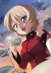  1girl :d bangs blonde_hair blue_eyes blurry blurry_background blurry_foreground braid building clouds cloudy_sky commentary_request cup darjeeling depth_of_field dutch_angle epaulettes eyebrows_visible_through_hair girls_und_panzer holding jacket kanau light long_sleeves military military_uniform night night_sky open_mouth outdoors pointing pointing_up red_jacket saucer short_hair sitting sky smile solo st._gloriana&#039;s_military_uniform table teacup tied_hair tiered_tray twilight twin_braids uniform 