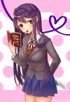  1girl arm_behind_back bangs blazer blue_skirt blush book breasts chocolate closed_mouth collared_shirt cowboy_shot doki_doki_literature_club eyebrows_visible_through_hair food_in_mouth grey_jacket hair_ornament hairclip hand_up head_tilt heart holding holding_book holding_knife jacket knife knife_behind_back large_breasts long_hair long_sleeves looking_at_viewer monotsuki mouth_hold neck_ribbon open_book pink_background pleated_skirt polka_dot polka_dot_background purple_hair red_neckwear red_ribbon ribbon school_uniform shiny shiny_hair shirt simple_background skirt smile solo standing vest violet_eyes white_shirt wing_collar yuri_(doki_doki_literature_club) 