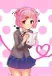  1girl :&gt; artist_name bangs blazer blue_skirt blush collared_shirt cowboy_shot doki_doki_literature_club eyebrows_visible_through_hair grey_jacket hair_ornament hairclip heart holding holding_paper jacket long_sleeves looking_at_viewer monotsuki natsuki_(doki_doki_literature_club) o3o paper pink_background pink_eyes pink_hair pleated_skirt polka_dot polka_dot_background ribbon school_uniform shiny shiny_hair shirt short_hair signature simple_background skirt smile solo standing sweatdrop two_side_up vest white_shirt wing_collar 