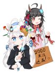  2girls ;d ahoge animal_ears ankh bailingxiao_jiu black_hair black_hoodie black_wings blue_eyes blue_ribbon blush canvas_(object) chinese closed_mouth commentary_request dress fang fox_mask glowing grey_jacket hair_ornament hair_ribbon head_wings heart heart-shaped_pupils highres hood hood_down hoodie horns jacket lantern long_hair long_sleeves mask multiple_girls one_eye_closed open_mouth original paint_tube paintbrush pen pink_dress pink_ribbon red_eyes red_ribbon ribbon shirt sign silver_hair simple_background smile symbol-shaped_pupils translation_request v very_long_hair white_background white_shirt wings 
