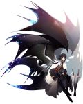  1boy black_gloves black_hair black_jacket black_pants cape copyright_request gloves highres jacket long_hair looking_at_viewer male_focus multiple_wings pants red_eyes seucapeu solo sword transparent_background weapon white_cape wings 