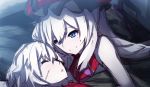  2girls absurdres bare_shoulders blue_eyes closed_eyes closed_mouth commentary_request facial_scar fate/grand_order fate_(series) hat highres jack_the_ripper_(fate/apocrypha) long_hair looking_at_another low_twintails lying marie_antoinette_(fate/grand_order) multiple_girls on_back pale_skin parted_lips red_hat scar scar_on_cheek silver_hair sleeping smile twintails very_long_hair wada_kazu 