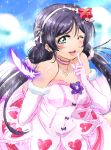 1girl ;d aqua_eyes arm_behind_back blush bokutachi_wa_hitotsu_no_hikari dress elbow_gloves feathers finger_to_mouth flower fur-trimmed_gloves fur_trim gloves glowing_feather hair_flower hair_ornament hairband heart heart_print long_hair looking_at_viewer love_live! love_live!_school_idol_project low_twintails one_eye_closed open_mouth pink_dress pink_scrunchie purple_feathers purple_hair shogo_(4274732) smile solo sparkle toujou_nozomi twintails 