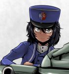  1girl andou_(girls_und_panzer) animal_ears bangs bc_freedom_(emblem) bc_freedom_military_uniform black_hair blue_hat blue_jacket blue_vest brown_eyes closed_mouth dark_skin dress_shirt emblem girls_und_panzer hat high_collar jacket leaf light_frown long_sleeves looking_at_viewer medium_hair military military_hat military_uniform rabbit_ears shako_cap shirt solo spade_(shape) tank_cupola uniform vest white_background white_shirt wind yaruku 