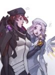  ! ... 2girls beret blackwatch_moira blonde_hair combat_medic_ziegler hat highres mechanical_wings mercy_(overwatch) moira_(overwatch) multiple_girls overwatch redhead short_hair simple_background smile spoken_ellipsis spoken_exclamation_mark wings zoner 