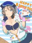  1girl ;q absurdres anchor_symbol badge blue_bikini_top blue_eyes blue_gloves blue_hat blue_skirt breasts button_badge cake cleavage collarbone dated fingerless_gloves food food_on_body food_on_breasts food_on_clothes food_on_face front-tie_top gloves goggles goggles_on_headwear grey_hair happy_birthday hat headphones headphones_around_neck highres hinausa holding holding_plate hood hood_down jacket licking_lips love_live! love_live!_school_idol_festival love_live!_sunshine!! medium_breasts miniskirt one_eye_closed plate short_hair skirt smile solo striped striped_background tongue tongue_out watanabe_you 