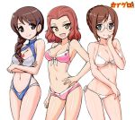  3girls aegis_(nerocc) bangs bikini braid breasts brown_eyes brown_hair check_commentary closed_mouth commentary_request contrapposto cowboy_shot crossed_arms crown_braid eyebrows_visible_through_hair front-tie_bikini front-tie_top girls_und_panzer glasses hair_ornament hair_over_shoulder hair_tie hairclip hand_on_hip hand_on_own_cheek large_breasts layered_bikini logo_parody logo_request long_hair looking_at_viewer lowleg lowleg_bikini medium_breasts multiple_girls navel nilgiri o-ring_bikini open_mouth parted_bangs pink_bikini redhead rosehip round_eyewear rukuriri short_hair side-tie_bikini single_braid slingshot_swimsuit smile standing swimsuit white_background white_bikini 