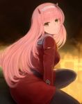  1girl bangs black_legwear breasts closed_mouth commentary_request darling_in_the_franxx dress eyebrows_visible_through_hair green_eyes head_tilt highres horns long_hair long_sleeves looking_at_viewer looking_to_the_side medium_breasts pantyhose pink_hair red_dress smile solo suzuki_puramo very_long_hair zero_two_(darling_in_the_franxx) 