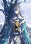  1girl absurdres anastasia_(fate/grand_order) bangs blue_cloak blue_eyes blurry blurry_background blush brown_hair brown_hairband brown_ribbon cloak closed_mouth commentary_request crown day depth_of_field dress eyebrows_visible_through_hair fate/grand_order fate_(series) hair_over_one_eye hair_ribbon highres light_smile long_hair long_sleeves mini_crown misaka76 outdoors ribbon royal_robe silver_hair snowing solo tree very_long_hair white_dress wide_sleeves 