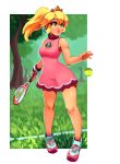  1girl absurdres ball bare_arms bare_legs bare_shoulders blonde_hair blue_eyes border brooch crown day dress earrings floating_hair full_body grass hand_up high_ponytail highres holding jewelry lips long_hair looking_up super_mario_bros. mario_tennis minidress outdoors parted_lips pink_dress ponytail princess_peach racket ravenousruss shoes short_dress sleeveless sleeveless_dress solo standing super_mario_bros. tennis_ball tennis_dress tennis_racket tree 