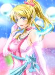  1girl :d ayase_eli blonde_hair blue_eyes blue_feathers bokutachi_wa_hitotsu_no_hikari choker dress elbow_gloves feathers flower gloves glowing_feather hair_flower hair_ornament hair_ribbon hand_on_own_cheek jewelry looking_at_viewer love_live! love_live!_school_idol_project navel_cutout necklace open_mouth pink_dress ponytail red_choker ribbon sash shogo_(4274732) smile solo sparkle upper_body white_gloves white_ribbon 