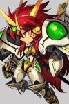  1girl armor chibi from_side gauntlets green_eyes grey_background hankuri headgear holding holding_weapon katana long_hair open_mouth pauldrons profile redhead robot scabbard sheath simple_background solo super_robot_wars sword unsheathed valsione very_long_hair weapon 