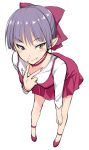  1girl bow breasts dress gegege_no_kitarou hair_bow kusano_(torisukerabasu) looking_at_viewer nekomusume nekomusume_(gegege_no_kitarou_6) pointy_ears purple_hair red_bow red_dress short_hair solo yellow_eyes 