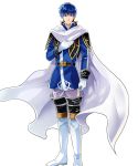  1boy belt blue_eyes blue_hair boots cape finn_(fire_emblem) fire_emblem fire_emblem:_seisen_no_keifu fire_emblem:_thracia_776 gloves highres itagaki_hako male_focus official_art solo transparent_background 