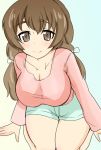  1girl alternate_hair_length alternate_hairstyle arm_support bangs blue_shorts breasts brown_eyes brown_hair casual cleavage closed_mouth commentary cowboy_shot eyebrows_visible_through_hair from_above girls_und_panzer hair_down hair_ribbon highres hoshikawa_(hoshikawa_gusuku) koyama_yuzu large_breasts leaning_forward long_hair long_sleeves looking_at_viewer low-tied_long_hair pink_shirt ribbon seiza shirt short_shorts shorts sitting smile solo white_ribbon 