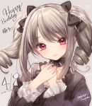  1girl black_bow black_dress blush bow character_name commentary dated dress drill_hair eyebrows_visible_through_hair frilled_sleeves frills gothic_lolita grey_hair hair_bow hands_on_own_chest happy_birthday idolmaster idolmaster_cinderella_girls kanzaki_ranko lolita_fashion long_hair looking_at_viewer neck_garter own_hands_together red_eyes sidelocks signature simple_background smile solo tsukigami_runa twin_drills twintails upper_body 