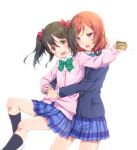  2girls :o bangs black_hair black_legwear blazer blue_neckwear bow bowtie commentary_request green_neckwear hair_between_eyes hair_bow hinausa hug hug_from_behind jacket kneehighs long_sleeves love_live! love_live!_school_idol_project masu multiple_girls nishikino_maki otonokizaka_school_uniform pink_cardigan pleated_skirt red_bow red_eyes redhead setsubun skirt striped_neckwear twintails violet_eyes white_background yazawa_nico 