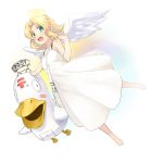  angel_wings aqua_eyes bag barefoot bird blonde_hair blush_stickers denchuubou dress duck english flying full_body halo hand_up japanese_postal_mark looking_at_viewer medium_hair messenger_bag open_mouth original shoulder_bag simple_background sleeveless sleeveless_dress smile white_dress wings 