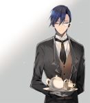  1boy black_jacket black_neckwear blue_eyes blue_hair brown_vest butler closed_mouth commentary_request cup gloves grey_background hair_between_eyes holding jacket korean_commentary long_sleeves male_focus monocle necktie one_eye_closed original seucapeu shirt smile solo standing teacup teapot tray vest white_gloves white_shirt 