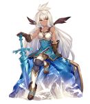  1girl ahoge armor armored_dress boots breastplate commentary_request dark_skin dress gloves granblue_fantasy ice leather leather_gloves long_hair looking_at_viewer red_eyes shield short_dress sitting slee solo sword the_order_grande thigh-highs weapon white_hair 