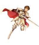 1boy armor bangs boots brown_eyes brown_hair cape fingerless_gloves fire_emblem fire_emblem:_thracia_776 fire_emblem_heroes full_body gauntlets gloves highres holding holding_sword holding_weapon leaf_(fire_emblem) official_art one_leg_raised pants short_hair shoulder_armor solo sword transparent_background weapon white_footwear 