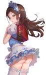  &gt;:o 1girl absurdres alternate_costume ass backpack bag blush brown_eyes brown_hair commentary_request cowboy_shot dress enmaided frilled_legwear frilled_skirt frilled_sleeves frills from_behind highres holding_bag idolmaster idolmaster_million_live! juu_p kitazawa_shiho leaning_forward long_hair looking_at_viewer maid maid_headdress no_panties puffy_short_sleeves puffy_sleeves randoseru serious short_dress short_sleeves skirt thighs white_legwear 