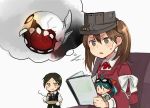  3girls ahoge annin_musou black_hair book brown_eyes brown_hair comic commentary_request fairy_(kantai_collection) floating_fortress_(kantai_collection) gloves goggles goggles_on_head green_hair hair_ornament hairclip highres holding holding_book japanese_clothes kantai_collection kariginu kuroshio_(kantai_collection) long_sleeves magatama multiple_girls reading remodel_(kantai_collection) ryuujou_(kantai_collection) scarf shinkaisei-kan short_hair short_sleeves sweatdrop twintails visor_cap 