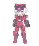  1girl bangs blade_(galaxist) commentary_request copyright_request eyebrows_visible_through_hair facial_mark fang full_body hair_between_eyes helmet looking_at_viewer mecha_musume open_mouth pink_eyes short_hair silver_hair solo standing white_background 