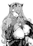  1girl armor black_armor breasts camilla_(fire_emblem_if) cleavage finger_to_mouth fire_emblem fire_emblem_heroes fire_emblem_if greyscale hair_over_eyes hair_over_one_eye hand_on_own_chest large_breasts lips long_hair looking_at_viewer messatsu_tan monochrome one_eye_covered parted_lips smile solo tiara wavy_hair 