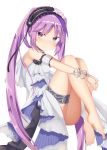  1girl aroma0501 bangs bare_shoulders barefoot black_hairband blush closed_mouth commentary_request dress euryale eyebrows_visible_through_hair fate/grand_order fate/hollow_ataraxia fate_(series) fingernails flower frilled_hairband hairband highres long_hair looking_at_viewer looking_to_the_side pink_flower pink_rose purple_hair rose sidelocks simple_background sitting sleeveless sleeveless_dress smile solo toenails twintails very_long_hair violet_eyes white_background white_dress 
