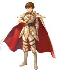  1boy armor bangs boots brown_eyes brown_hair cape clenched_hand fingerless_gloves fire_emblem fire_emblem:_thracia_776 fire_emblem_heroes full_body gauntlets gloves highres leaf_(fire_emblem) looking_at_viewer official_art pants short_hair shoulder_armor solo standing transparent_background white_footwear 