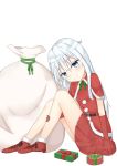 1girl aroma0501 bangs belt_buckle blue_eyes blush box breasts brown_belt buckle capelet closed_mouth commentary_request elbow_gloves eyebrows_visible_through_hair fur-trimmed_capelet fur-trimmed_shirt fur_trim gift gift_box gloves hair_between_eyes hibiki_(kantai_collection) highres kantai_collection leaning_forward long_hair looking_at_viewer pleated_skirt red_capelet red_footwear red_gloves red_shirt red_skirt sack santa_costume shirt silver_hair simple_background skirt small_breasts smile solo very_long_hair white_background 