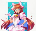  1girl ahoge animal_ears bangs blue_eyes blunt_bangs bow breasts cape cat_ears center_opening collar commentary dress exchanger_(money_idol_exchanger) eyebrows_visible_through_hair gloves hair_bow hand_on_hip huge_ahoge kanta-kun long_hair looking_at_viewer magical_girl mitsukoshi_sakura money_idol_exchanger open_mouth pink_bow pink_dress pink_gloves puffy_short_sleeves puffy_sleeves short_sleeves small_breasts smile solo 