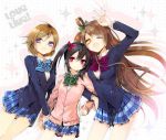  3girls :d black_hair blue_jacket blue_neckwear blue_skirt bow bowtie brown_hair closed_mouth collared_shirt commentary_request copyright_name eyebrows_visible_through_hair green_neckwear hand_up jacket koizumi_hanayo long_sleeves looking_at_viewer love_live! love_live!_school_idol_project minami_kotori multiple_girls one_eye_closed open_mouth pink_jacket pleated_skirt red_eyes red_neckwear school_uniform seucapeu shirt short_hair skirt smile twintails v violet_eyes white_shirt wing_collar yazawa_nico yellow_eyes 