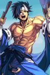  1boy :d abs belt blue_eyes blue_hair blue_pants commentary_request detached_sleeves guilty_gear hands_up hankuri headband holding mito_anji muscle open_mouth pants smile solo standing 
