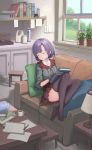  1girl absurdres bangs black_gloves black_hair black_legwear blurry blush book book_stack closed_eyes commentary_request couch cup depth_of_field frills full_body gloves hair_ornament highres idolmaster idolmaster_cinderella_girls indoors juu_p lamp light_switch long_sleeves pillow plant shiragiku_hotaru short_hair sitting sleeping solo table teacup thigh-highs tree window wooden_floor wooden_table 