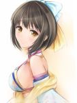  1girl bare_shoulders black_hair blush bow breasts commentary_request hair_bow hair_ornament idolmaster idolmaster_cinderella_girls looking_at_viewer looking_to_the_side medium_breasts nannacy7 short_hair sideboob smile solo takafuji_kako upper_body yellow_eyes 