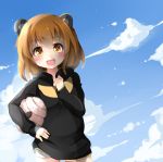  1girl :d agung_syaeful_anwar animal_ears bangs bear_ears black_hoodie blue_sky blush brown_eyes brown_hair carrying_under_arm clouds commentary day eyebrows_visible_through_hair hair_between_eyes hood hood_down hoodie long_sleeves looking_at_viewer open_mouth original outdoors short_shorts shorts sky smile solo white_shorts 