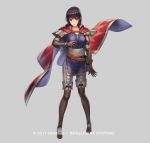  1girl black_hair boots bracelet brown_eyes cape company_name cuboon fire_emblem fire_emblem:_thracia_776 fire_emblem_heroes full_body gloves grey_background jewelry necklace official_art olwen_(fire_emblem) simple_background solo 