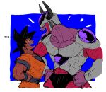  /\/\/\ 2boys black_eyes black_hair blue_background commentary_request cowboy_shot dougi dragon_ball dragonball_z eye_contact frieza hand_on_hip height_difference horns kokusoji looking_at_another looking_down male_focus multiple_boys nervous nervous_smile open_mouth profile red_eyes short_hair simple_background son_gokuu spiky_hair sweatdrop teeth two-tone_background upper_body white_background wristband 