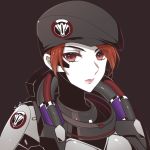  1girl atobesakunolove beret bodysuit closed_mouth commentary_request expressionless eyebrows_visible_through_hair eyes_visible_through_hair grey_background hat looking_at_viewer military moira_(overwatch) overwatch pale_skin pink_lips red_eyes redhead signature simple_background solo upper_body 