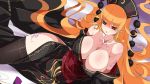  1girl bangs bare_shoulders black_dress black_hat black_legwear blonde_hair breasts cleavage collarbone commentary_request dress hat junko_(touhou) large_breasts long_hair long_sleeves lying on_side pointy_ears raptor7 red_eyes side_slit smile solo tabard tattoo thigh-highs touhou wide_sleeves 