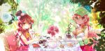  2girls alpaca animal ascot bangs bird black_hat blonde_hair blurry blurry_foreground blush breasts brown_eyes brown_hair cabbie_hat cafe-chan_to_break_time cafe_(cafe-chan_to_break_time) cake chair cleavage closed_mouth commentary_request cup day depth_of_field drink eyebrows_visible_through_hair flower food forest gloves green_hat green_shirt hair_between_eyes hat highres holding large_breasts long_hair looking_at_viewer looking_to_the_side medium_breasts mini_hat mini_top_hat multiple_girls nature on_chair outdoors parted_lips pink_flower pink_rose porurin quill red_eyes red_flower red_rose red_shirt rose saucer shirt sitting sleeveless sleeveless_shirt slice_of_cake smile squirrel table tea_(cafe-chan_to_break_time) teacup teapot top_hat white_flower white_gloves white_rose yellow_neckwear 