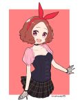  1girl :d blush brown_eyes brown_hair choker commentary_request corset do_m_kaeru fishnet_gloves fishnets gloves hair_ribbon okumura_haru open_mouth persona persona_5 persona_5:_dancing_star_night plaid plaid_skirt ribbon short_hair skirt smile solo twitter_username 