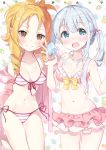  2girls bikini bikini_skirt blonde_hair blue_eyes bow breasts brown_eyes chagoon copyright_name drill_hair eromanga_sensei food frilled_bikini frilled_skirt frills front-tie_bikini front-tie_top highres izumi_sagiri jacket long_hair looking_at_viewer multiple_girls pink_bikini pink_jacket pointy_ears ponytail popsicle red_bow ringlets side-tie_bikini silver_hair skirt small_breasts smile striped striped_bikini swimsuit twin_drills twintails yamada_elf 