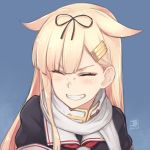  1girl black_shirt blonde_hair blue_background blush commentary_request dan_(kumadan) darling_in_the_franxx dated eyebrows_visible_through_hair facing_viewer hair_flaps hair_ornament hairclip kantai_collection long_hair neckerchief parody red_neckwear remodel_(kantai_collection) scarf school_uniform serafuku shiny shiny_hair shirt signature simple_background single_sidelock solo straight_hair upper_body v-shaped_eyebrows white_scarf yuudachi_(kantai_collection) 